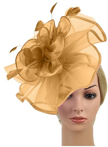 Damen Vintage Fascinator Blumen Kopfbedeckung Feder Haar Zubehör Elegant Haarschmuck Hut Cocktail Party Hochzeit Mesh Schleier Stirnband Fascinator Hochzeit Teeparty Damenhüte für (Gold, One Size)