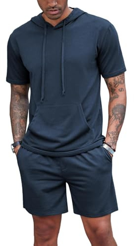 QUNERY Ensemble Ete Homme Survêtement Ensemble Short Tee Shirt Homme Vacances Plage Costumes Tracksuit Marine M