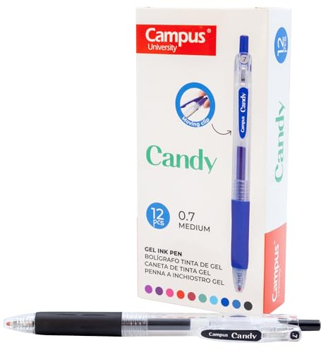 Campus 12 Candy-Gelschreiber, nachfüllbare farbige Stifte mit 0,7 mm Strichstärke, schnell trocknende und wasserdichte Gel-Tintenroller (Kugelschreiber, Schwarz, 12 Stück)