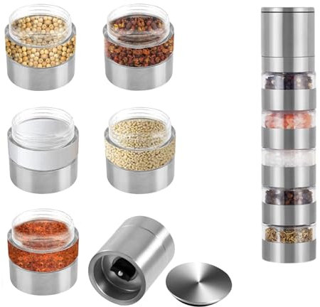 Gativs Juego de especias 5 en 1 para camping con molinillo de especias 5 en 1, dispensador de especias 5 en 1, organizador de especias con molinillo de especias, para viajes, hogar, cocina, carne