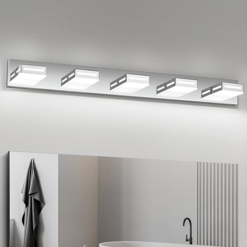 Donrao LED Modern Bathroom Light Fixtures, 5-Light 40-Inch Chrome Vanity Lights for Bathroom Lighting Fixtures Over Mirror, 350° Rotatable Acrylic, 6000K Cool White Wall Lamp