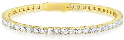 KRKC&CO Tennisarmband Armband Damen, 3mm Tennis Armband 14K Gold beschichtet, Zirkonia Kristall Armbänder Gold Iced Out, Hochzeit Geburtstag Geschenk für Frauen Mädchen [Größe 20,3cm]