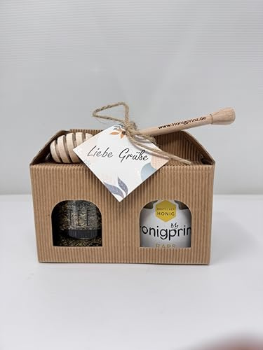 2er Geschenkset LIEBE GRÜßE mit Honiglöffel aus Buchenholz und Grußkarte - je 1 Glas Honig und Tee - 100% Deutscher Honig Honigprinz Familien-Imkerei