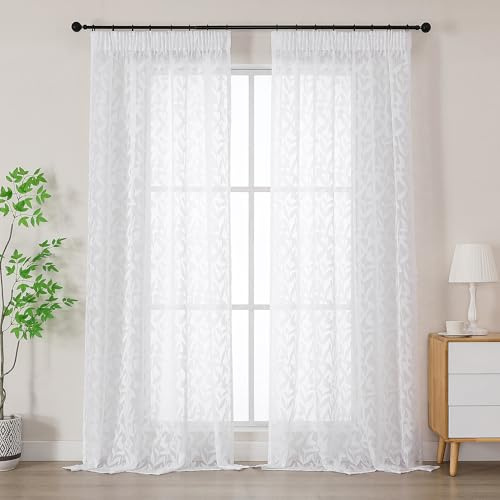 Simplebrand Leah Weiß Lichtdurchlässig Clip Jacquard Voile Ausbrenner Gardine mit Blätter Muster transparenter Vorhang mit Kräuselband Wohnzimmer Gardinenschals B140xH229cm Weiß 2 St