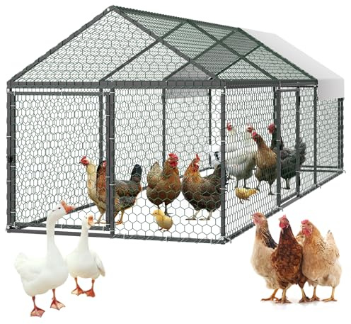VEVOR Pollaio in Metallo 1 x 3 x 1 m Piccola Gabbia per Polli con Copertura Impermeabile e 3 Porte, Recinto per Pollame con Tetto a Guglia Compatibile con Pollai in Legno, per Conigli, Galline
