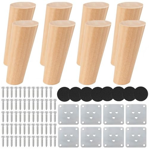 Kozdtiz Möbelfüße Holz, 8 Stück Möbelfüße Holz Eiche, 10 cm Mit montageplatten und Schrauben, Massivholz Holzbeine für Möbel für Sofa, Kommode, Schrank, Couchtisch Schräger Fuß