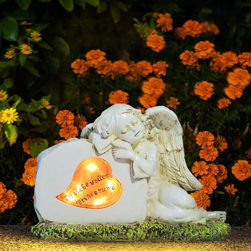 AVEKI Statue d'ange solaire, arêtes et tombe, figurine d'ange gardien avec lumière solaire, décoration d'extérieur résistante aux intempéries, pour jardin, pelouse, cadeau pour femme, mère, belle-mère