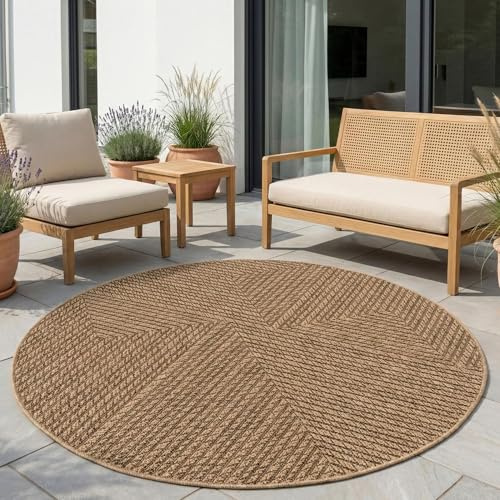 Carpetsale24 Outdoor Teppich Rund 120 cm Beige, Wetterfest Pflegeleicht, Jute Look Teppich für Terrasse Balkon Wohnzimmer, Indoor Outdoor