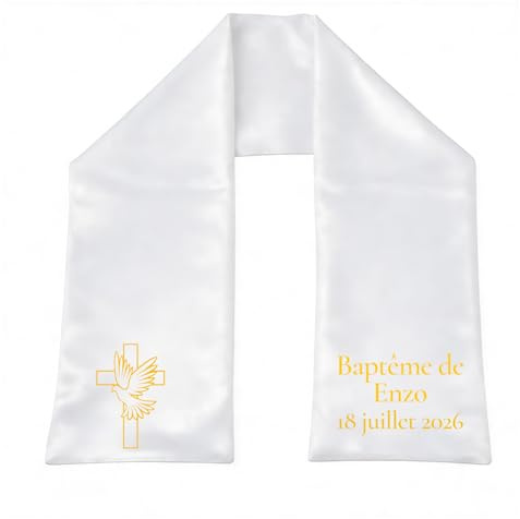 Générique Écharpe de Baptême Satiné Croix & Colombe Personnalisée Fait Mains Impression Directe, Doux et Agréable à Porter, Enfant Bébé