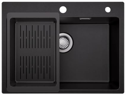 Lavello Da Cucina 60 X 45 Cm, Vasca Singola In Pietra Di Granito E Quarzo Composito Nero Con Cestello Scarico Facile Da Pulire E Da Mantenere