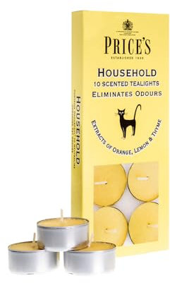 Price's - Household Pet Tealights - 10 Pack - Odour Eliminating Candle - Made with Orange, Lemon & Thyme Extracts - Clean, Fresh, Quality Fragrance - Long Lasting Scent