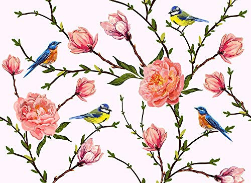 Livingwalls Fototapete Designwalls Vliestapete Little Birds Tapete mit Blumen in Blau, Braun, Gelb, Grün, Orange, Rosa, Rot, Schwarz, Weiß 350 x 255 cm XXL Wandtapete Wandbild 118538