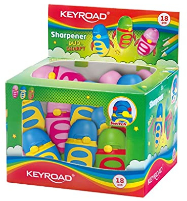 KEYROAD Ergonomischer Anspitzer Einzeln mit Spitzenschalter / 18 Stück - lose verpackt im Display/aus Kunststoff/Klingen aus Stahl/von Bleistiften und Buntstiften/Mischfarben