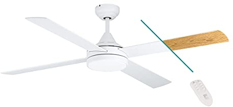 EGLO Deckenventilator TRINIDAD, 4 Flügel Ventilator mit Licht, weiß matt | Wendeflügel aus MDF in Weiß oder Eiche, Fernbedienung, Sommer Winter Betrieb, warmweiß–kaltweiß, dimmbar, AC Motor, Ø 122cm