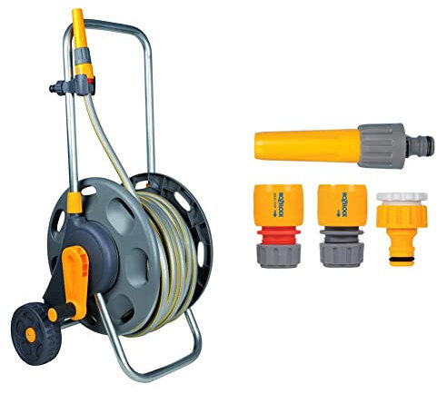 Hozelock Montierter Schlauchwagen (60 m), mit 50m Schlauch & Starter-Set Bewässerung
