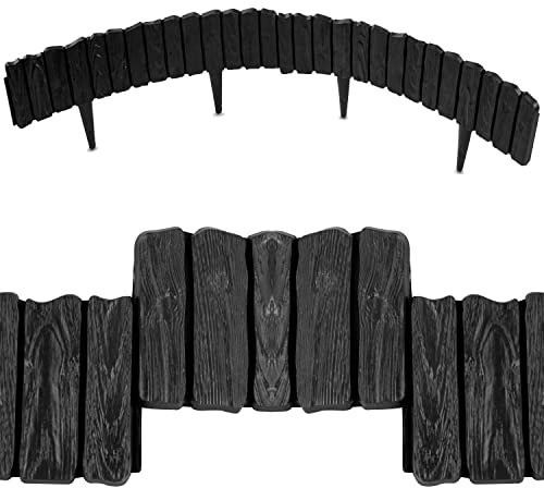Black Lawn Edging Border - 2.26 m / 7.4 ft Long Garden Palisade with Wood Bark Effect - Fencing with Ground Stakes - Perfect for Flower Beds, Lawn, Patio, Pavement