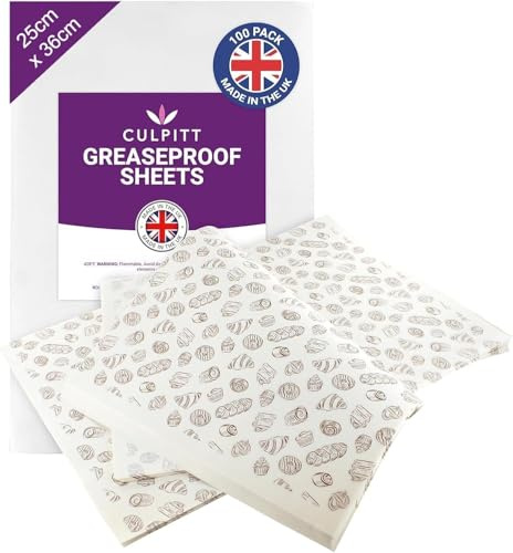 Culpitt 25 x 36cm Greaseproof Paper Sheets - 100 Pack | Heat Resistant To 220°C, Non-Stick, Printed Bakery Design, Ideal For Lining Trays, Boxes & Displays