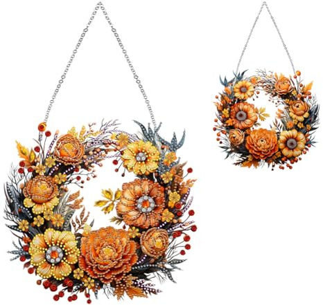 Generisch Herbst Diamond Painting Girlande Kranz,Blumen Kürbis Diamant Painting Anhänger Herbst Deko Kits mit Kette,Diamant Malerei Türkranz Erntedankfest Ernte Tür Fenster Deko DIY Geschenk
