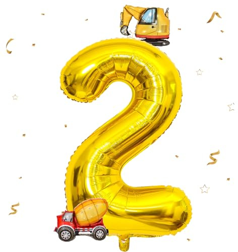 DazzJoy Bagger Luftballon 2. Geburtstag,40 Zoll Gold Zahlenballon 2 mit Bagger Folienballon,Baggere Geburtstag Deko 2 Jahre Junge, Baggere Deko Zahlen 2 Ballon, Baustellen Party Kindergeburtstag Deko