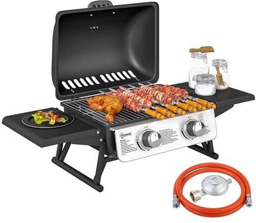 Outsunny Barbecue a Gas in Acciaio, Piastra a Gas Smaltato a 2 Bruciatori da 2.8kW, Griglia Barbecue Portatile da Tavolo con Vassoio Raccogli Grasso, Coperchio con Termometro, Regolatore, Tubo, Nero
