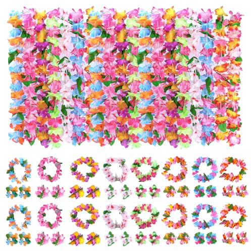 Bszatan 64 PCS Hawaiian Flower Garlands, Hawaiian Leis Bulk, Tropical Favors Lei Including Flower Necklaces,Headbands and Bracelets Luau Beach Party Summer Pool Birthday Decorations Party Favor