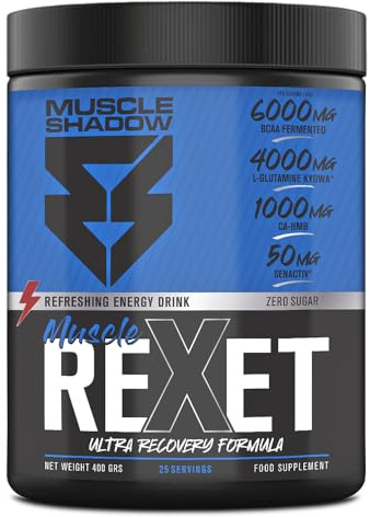 Muscle Shadow Rexet Ultra Recovery 400g Refreshing Energy Drink | BCAA·HMB | BCAA 2:1:1 6000mg, Glutamina Kyowa 4000mg, HMB, MSM, SENACTIV®, AstraGin®. Polvo, sin cafeína/azúcar, sal Himalaya