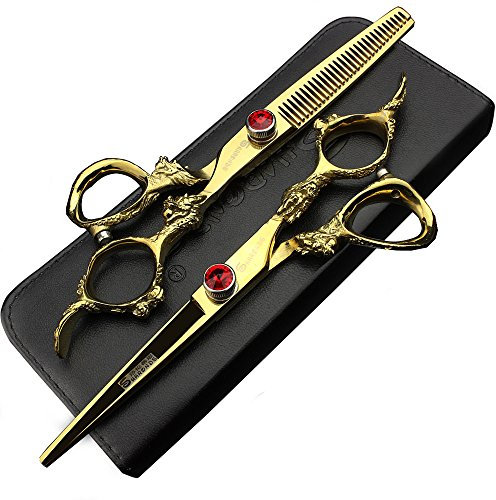 (Cuatro opciones de color) Tijeras de peluquero profesional 6 pulgadas 440c salón de alta dureza salón de belleza corte y peinado delgadas peluquería dedicada (Oro scissors set)