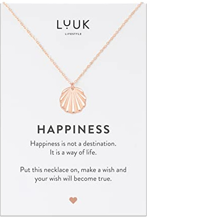 LUUK LIFESTYLE Collanina in filigrana in acciaio inossidabile con design raffinato, con ciondolo conchiglia e dedica HAPPINESS, 50cm, idea regalo, rosa