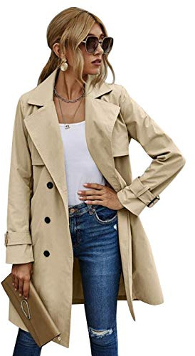 Geagodelia Cappotto Donna Primaverile Doppiopetto Lungo Cappotto Classico Antivento Giacca Autunnale Trenchcoat S-XL (Cachi, s)