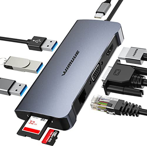 USB C Hub, WIMUUE 10 in 1 Aluminum Adapter with 100W Power Delivery, RJ45 Ethernet, 4K HDMI, VGA, 3 USB 3.0 Ports, SD/TF, USBC Dongle for MacBook Pro/Air Thunderbolt 3 Multiport Dock USB Type C Laptop