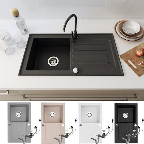 Faizee Home | Spülbecken Granit Schwarz 75x44 cm | Hochwertige Küchenspüle & Einbauspüle | Eckiges Spülbecken | Beidseitig montierbare Granitspüle | Einbaugranitspüle ab 45 cm | Inkl. Siphon-Set