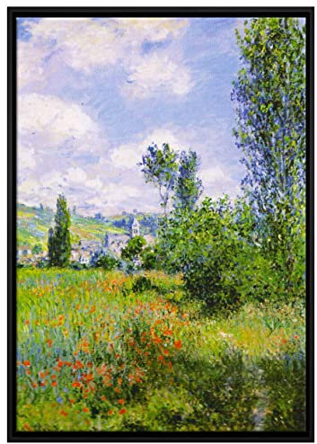 Pixxprint Claude Monet - Aussicht von Vétheuil- Impression Leinwandbild 100x70 cm im Bilderahmen, Wandbild, Schattenfugenrahmen, Kein Poster
