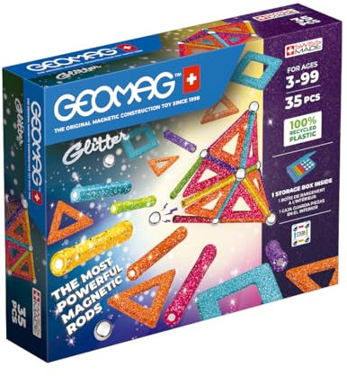Geomag, Glitter Recycled, Construcciones Magnéticas Efecto Glitter, Barras Magnéticas Luminosas de Colores, Paquete de 35 Piezas, Plástico 100% Reciclado
