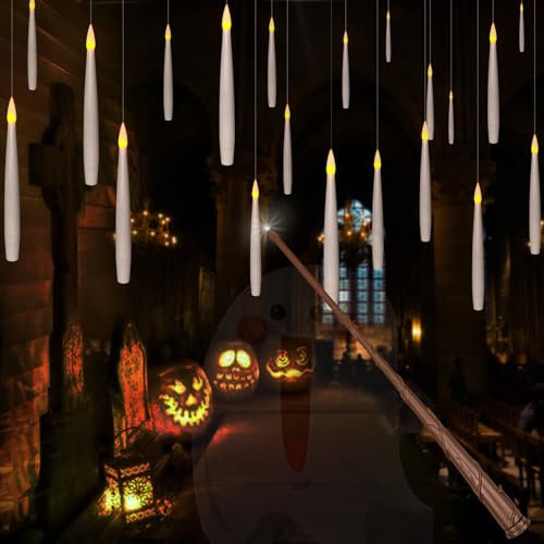 Leejec 20pcs Flameless Taper Floating Candles with Magic Wand Remote, Flickering Warm Light, Battery Operated 6.1 LED Electric Window Candle, Decor for Christmas, Wedding, Halloween, Birthday Party
