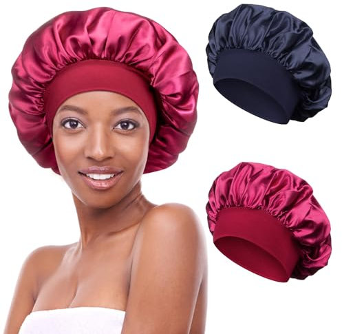 Kiiwah 2 Stück Satin Bonnet Schlafhaube Seide Locken Atmungsaktive Seide Schlafmütze Verstellbare Silk Bonnet Seidenhaube zum Schlafen Weiche Satin Haube für Damen Mädchen(Marine, Rot)