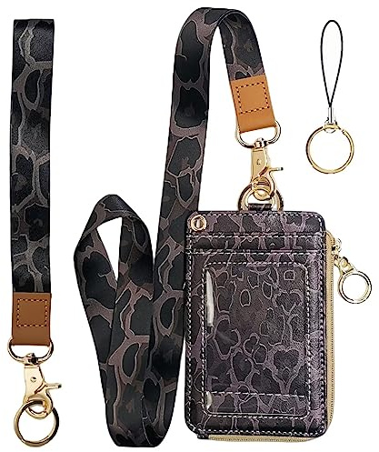 Bolimoss Leopard Ausweishalter mit Umhängeband, Lanyard-Geldbörse mit Zebra-Druck und Reißverschluss-Schlüsselanhänger, PU-Leder-ID-Namensschild-Arbeitsausweis-Clip, strapazierfähig für