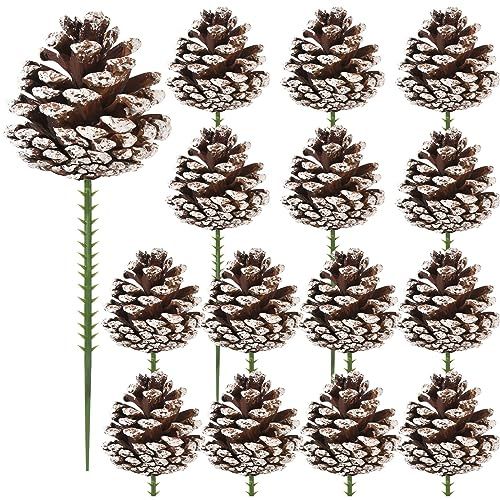 3Inch Christmas Natural Pine Cones Picks, 15Pcs Snow Pine Cone for Christmas Tree Decorations Home Holiday Party DIY