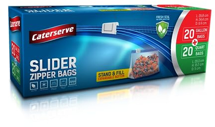 Caterserve Slider Zipper Bags – Non-BPA Resealable Food Bags – Stand and Fill Expandable Bottom – Freezer and Microwave Safe – Ideal for Leftovers, Fruit, Veggies (20 Quart 20 Gallon)