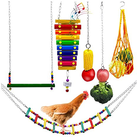 NIEI HüHnerspielzeug, 6 StüCke HüHnerspielzeug für HüHnerstall, HüHnerschaukel und Xylophonspielzeug, Papageienhuhn, Buntes Leiterspielzeug
