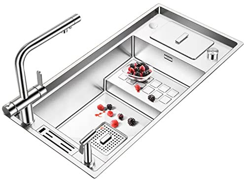 Fregadero de cocina, estación de trabajo, fregadero grande, multifuncional, hecho a mano, escalera, fregadero alto y bajo, fregadero de verduras con cubo de basura, juego de 9 piezas