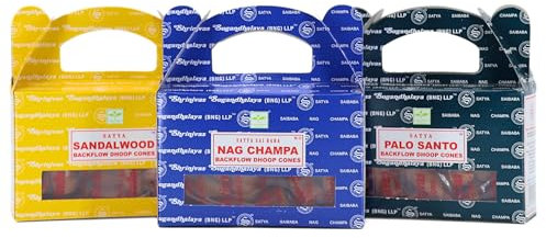 Rückfluss Räucherkegel für den Wasserfall Effekt, 24 handgerollte Kegel aus Indien für Entspannung und Meditation, auch im 3er Set (Sandelholz + Nag Champa + Palo Santo)