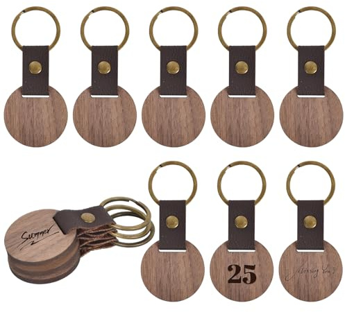 Zimoer 12 St Schlüsselanhänger Holz, DIY Schlüsselring mit Lederriemen Naturholz Blanko Schlüsselbund mit Ring für Bemalen Schlüssel Handtasche Geldbörse Lasergravurmaterial (Style B)