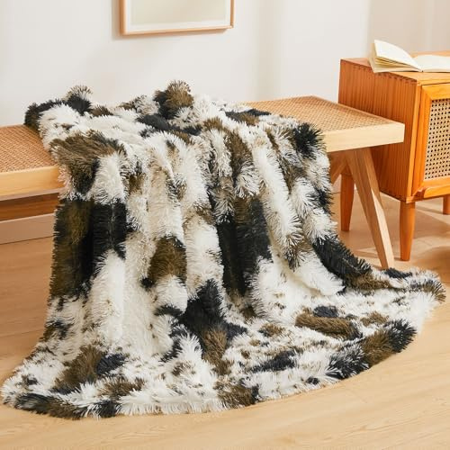 XeGe - Manta de lujo de pelo sintético, suave manta con estampado de vaca de 50x60, manta esponjosa y decorativa de pelo sintético para sofá, linda manta con estampado de animales peludos para sofá y