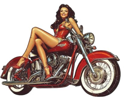 WADORN Pin Up Motorrad Lady Metall Blechschild Blechschild Im Retro Stil Mit Vintage Motorrad Motiv Zum Aufhängen Wanddekoration Für Cafés Geschäfte Restaurants Heimdekoration 26x33.7cm