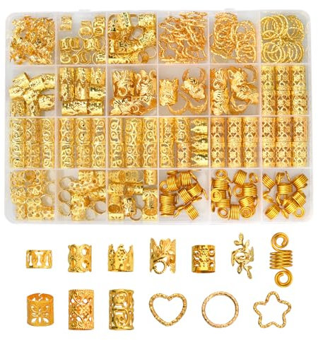260 Piezas Oro Accesorios Pelo para Trenzas, Accesorios Pelo Mujer y Hombre, Exquisitos Joyas para El Cabello En 14 Estilos, Accesorios Dorados para El Cabello para Varios Peinados