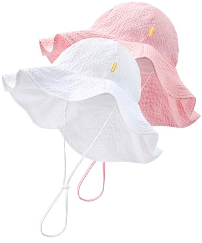 Baby Sun Hat Toddler Girl Beach Hat Adjustable Outdoor Summer Hat UPF 50+ Sun Protection Wide Brim Infant Kids (US, Age, 6 Months, 24 Months, Pink/White)