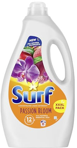 Surf Passion Bloom Laundry Washing Liquid Detergent with a joy-infused fragrance & natural essential oils lasting up to 12 hours in wear for brilliantly clean results 95 washes 2.565 L