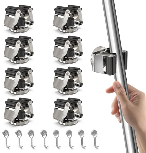 3-H 8 Stück Magnetischer Besenhalter, Gerätehalter Besenhalterung (Silber) | Edelstahl Wandaufhängung für Gartengeräte Besen,mit 8 zusätzlichen Minimagnethake für Küche Badezimmer Garage Garten Zuhause