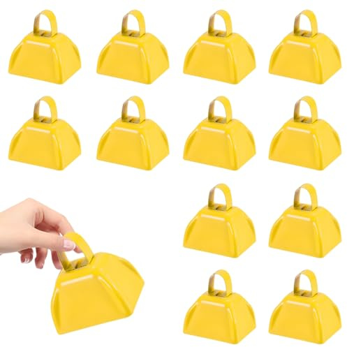 HEYLEAYAR 3Inch Cowbells for Sporting Events,12Pcs Metal Cow Bells Bulk Loud Noise Makers Cow Bell with Handle for Cheering Football Games Spirit Marathon Weddings Party Noisemakers, Yellow