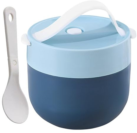 Contenitore per zuppa da viaggio, ciotola termica per alimenti, corpo isolato in acciaio inox da 600 ml, adatto al microonde con cucchiaio, per picnic, scuola, campeggio, 10 x 9 cm, colore blu, 1 set